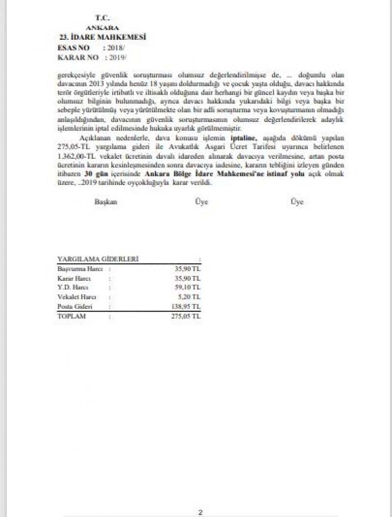  Türkiye Liseliler Birliği İçerisinde Faaliyet Gösterdiği Şeklinde Bilgi Notu Gerekçesiyle Güvenlik Soruşturması Olumsuz Sonuçlanan Uzman Erbaş Hakkında Emsal Karar-224-