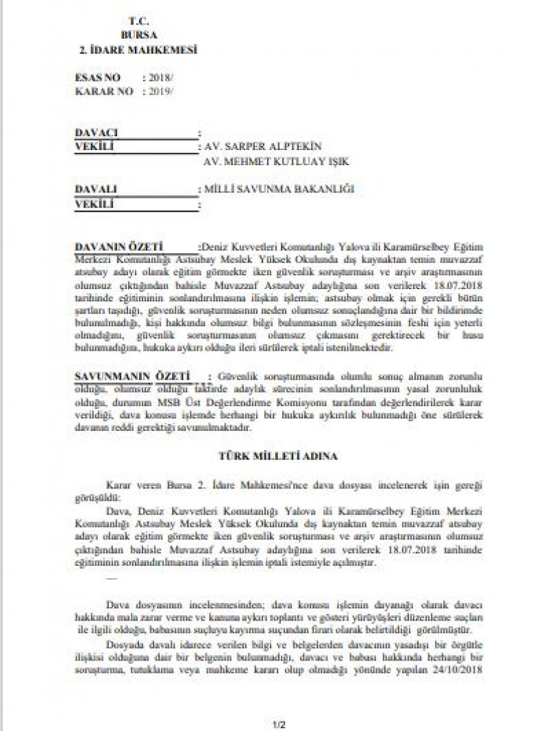 Güvenlik Soruşturması Olumsuz Sonuçlanan Astsubay Adayı Hakkında Emsal Karar-238-