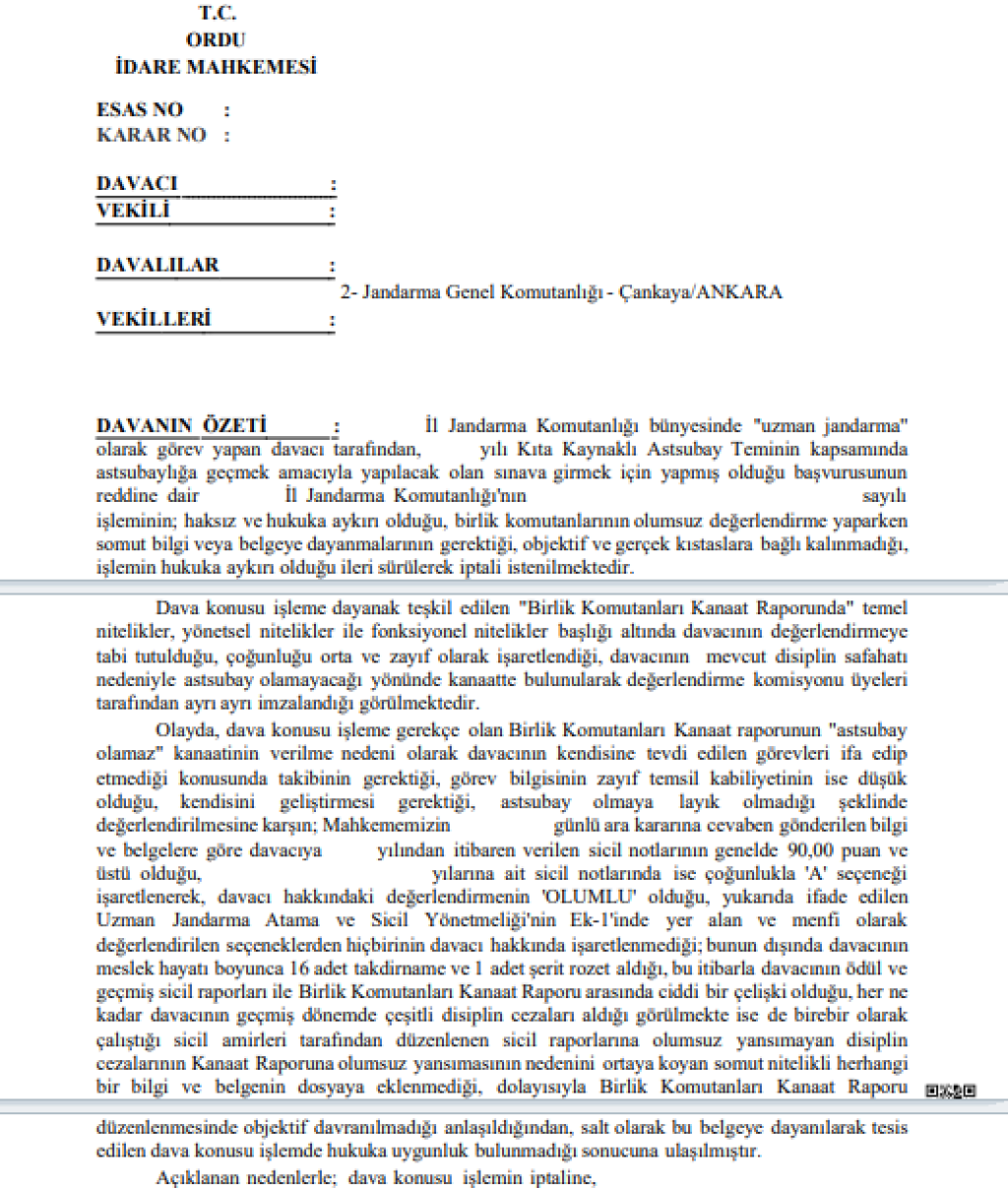 OLUMSUZ BİRLİK KOMUTANLARI KANAAT RAPORU NEDENİYLE ASTSUBAYLIĞA GEÇİŞ BAŞVURUSUNUN REDDİNE İLİŞKİN EMSAL KARAR-461- OLUMSUZ BİRLİK KOMUTANLARI KANAAT RAPORU NEDENİYLE ASTSUBAYLIĞA GEÇİŞ BAŞVURUSUNUN REDDİNE İLİŞKİN EMSAL KARAR-461-