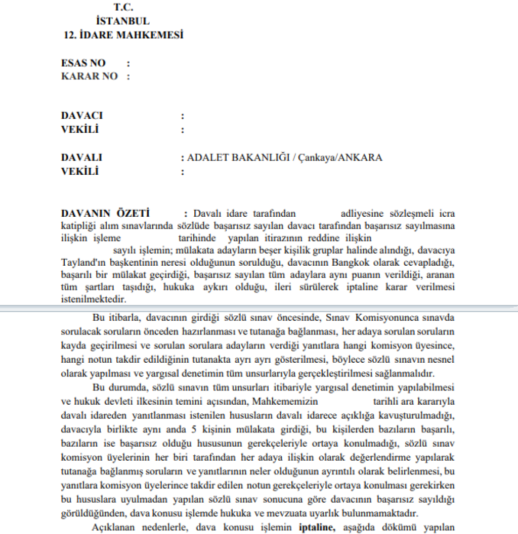 SÖZLEŞMELİ İCRA KATİPLİĞİ MÜLAKAT SINAVINDA ADAYA DÜŞÜK NOT VERİLMESİ SONUCU ADAYIN BAŞARISIZ SAYILMASINA İLİŞKİN EMSAL KARAR-465- SÖZLEŞMELİ İCRA KATİPLİĞİ MÜLAKAT SINAVINDA ADAYA DÜŞÜK NOT VERİLMESİ SONUCU ADAYIN BAŞARISIZ SAYILMASINA İLİŞKİN EMSAL KARAR-465-
